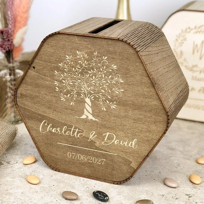 Urne bois Personnalisée hexa Rustique chic - Chocolat