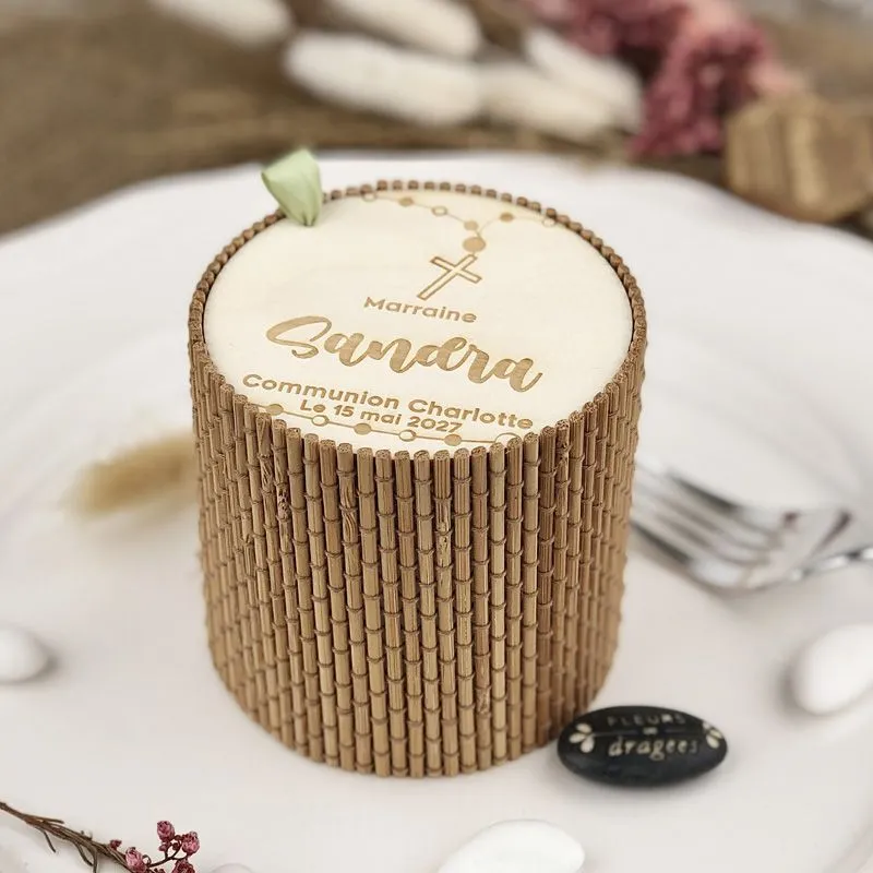 Boite Communion bambou Personnalisée ∅8cm - (Naturelle)
