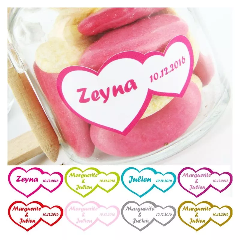 Etiquettes dragées autocollante sticker - Double coeur